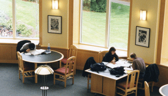 Students studying in the Valley Library rotunda, April 2002