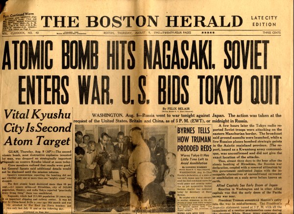 Cover of the Boston Herald newspaper announcing the atomic bombing of Nagasaki by U.S. forces.