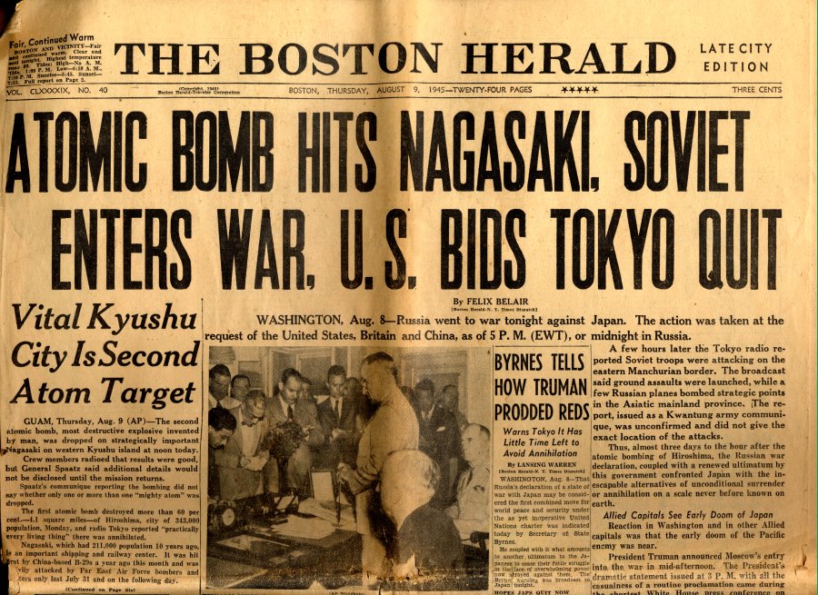 Cover of the Boston Herald newspaper announcing the atomic bombing of Nagasaki by U.S. forces.