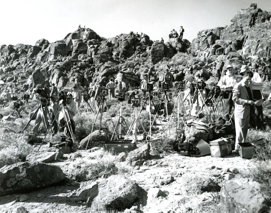 Media members assembled at "News Knob" in anticipation of a nuclear weapons test, Yucca Flat, Nevada