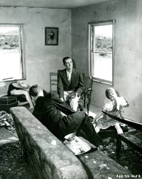 The living room of "House No. 2" after an atomic weapons test, Nevada Proving Ground, Yucca Flat, Nevada.  "House No. 2" was positioned 7,500 feet away from the blast.