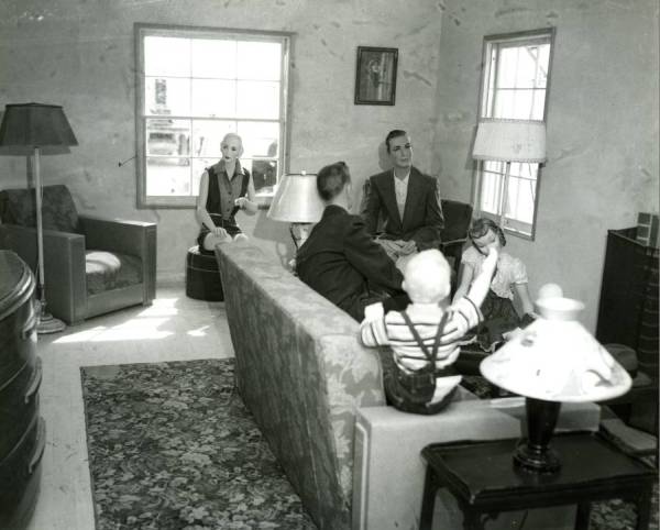 The living room of "House No. 2" prior to an atomic weapons test, Nevada Proving Ground, Yucca Flat, Nevada.