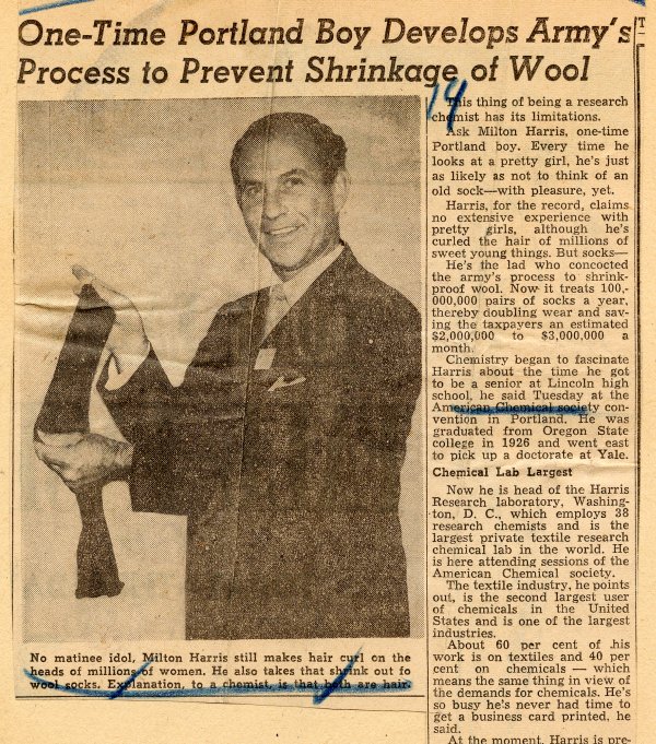 "One-Time Portland Boy Develops Army's Process to Prevent Shrinkage of Wool," The (Portland) Oregonian, September 15, 1948.