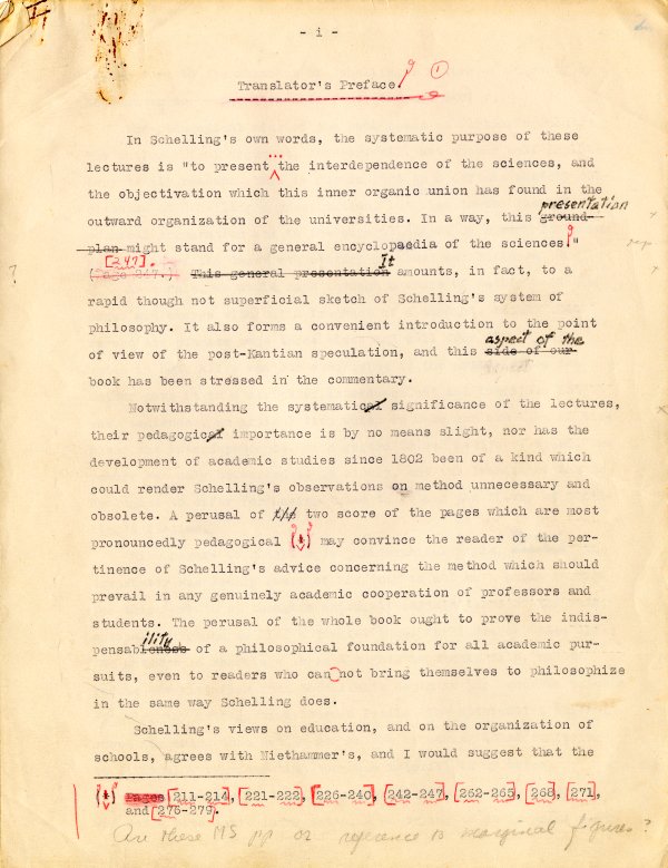 Translation of The Method of University Studies - Translator's Preface. From Marti's unpublished translation of nineteenth century German philosopher Friedrich Schelling's The Method of University Studies, ca. 1960s.