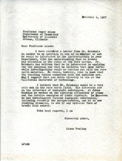 Letter from Linus Pauling to Roger Adams Page 1. November 4, 1937