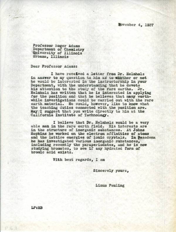 Letter from Linus Pauling to Roger Adams Page 1. November 4, 1937