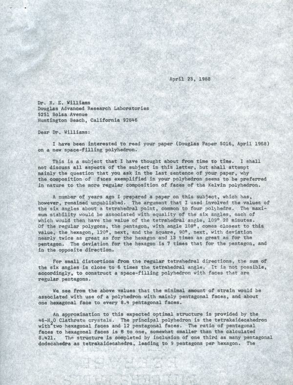 Letter from Linus Pauling to R. E. Williams. Page 1. April 23, 1968