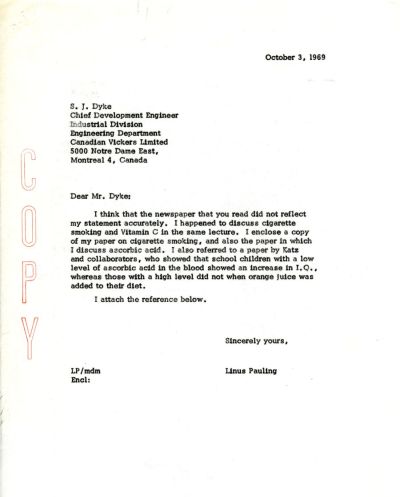 Letter from Linus Pauling to S. J. Dyke. Page 1. October 3, 1969