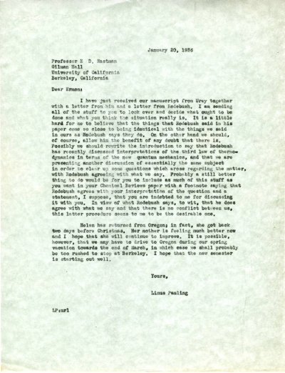 Letter from Linus Pauling to Ermon D. Eastman. Page 1. January 20, 1936