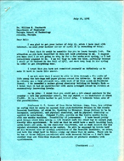 Letter from Linus Pauling to William Eberhardt. Page 1. July 24, 1946