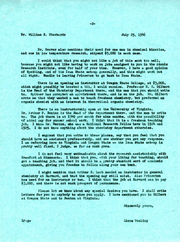 Letter from Linus Pauling to William Eberhardt. Page 2. July 24, 1946