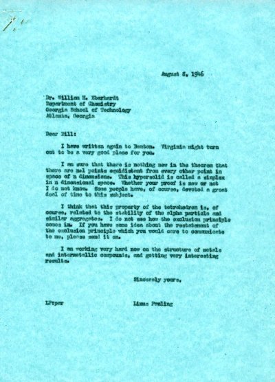 Letter from Linus Pauling to William Eberhardt. Page 1. August 8, 1946