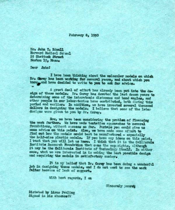Letter from Linus Pauling to John Edsall. Page 1. February 8, 1950