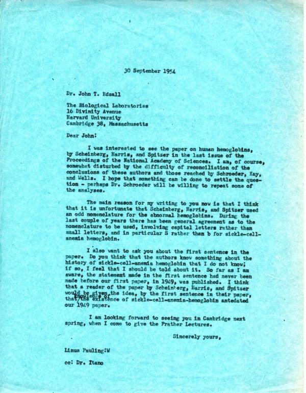 Letter from Linus Pauling to John Edsall. Page 1. September 30, 1954