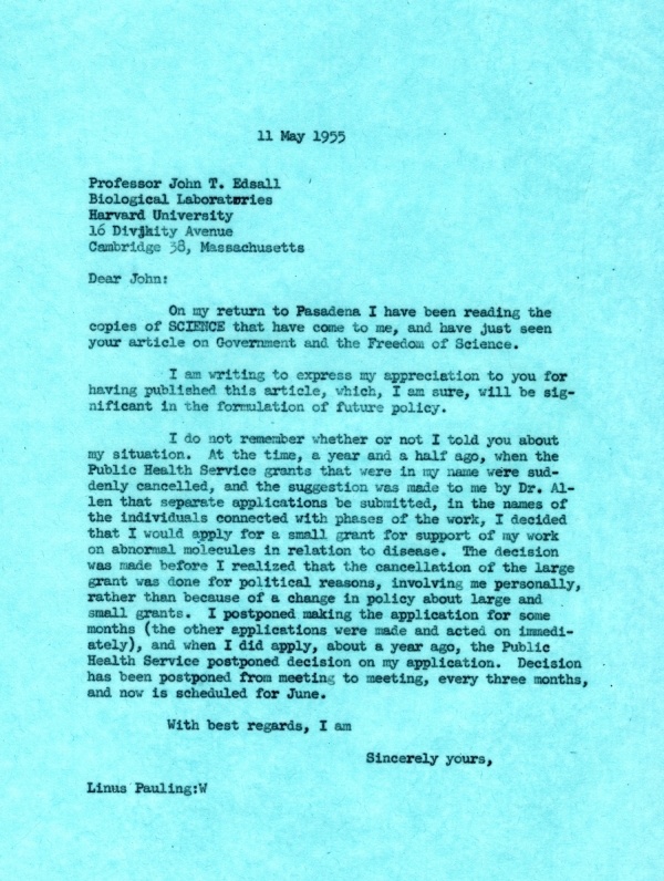 Letter from Linus Pauling to John Edsall. Page 1. May 11, 1955