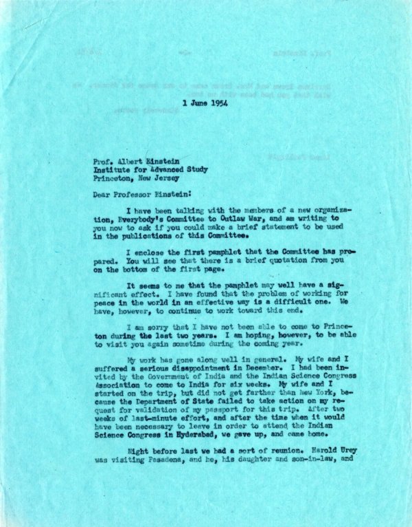 Letter from Linus Pauling to Albert Einstein. Page 1. June 1, 1954