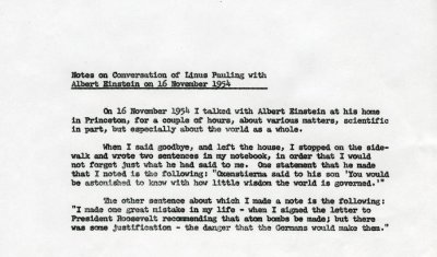 Linus Pauling Note to Self regarding a meeting with Albert Einstein. Page 1. November 16, 1954