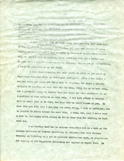 Letter from Linus Pauling to Paul Emmett. Page 1. May 27, 1937