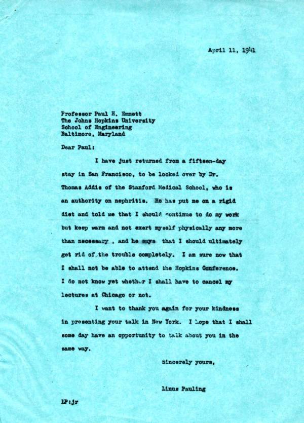 Letter from Linus Pauling to Paul Emmett. Page 1. April 11, 1941