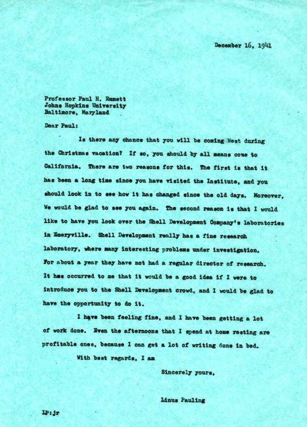 Letter from Linus Pauling to Paul Emmett. Page 1. December 16, 1941