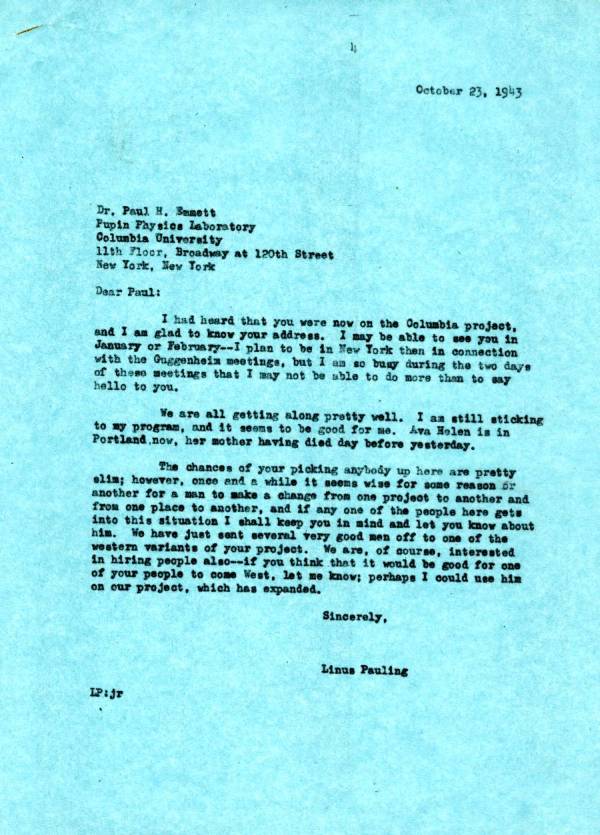 Letter from Linus Pauling to Paul Emmett. Page 1. October 23, 1943