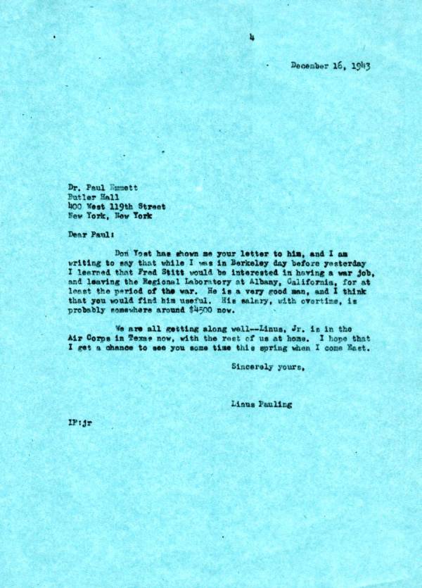 Letter from Linus Pauling to Paul Emmett. Page 1. December 16, 1943