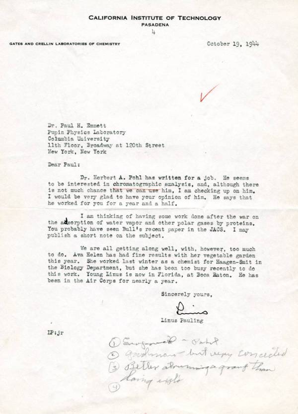 Letter from Linus Pauling to Paul Emmett. Page 1. October 19, 1944