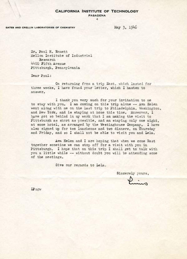 Letter from Linus Pauling to Paul Emmett. Page 1. May 3, 1946
