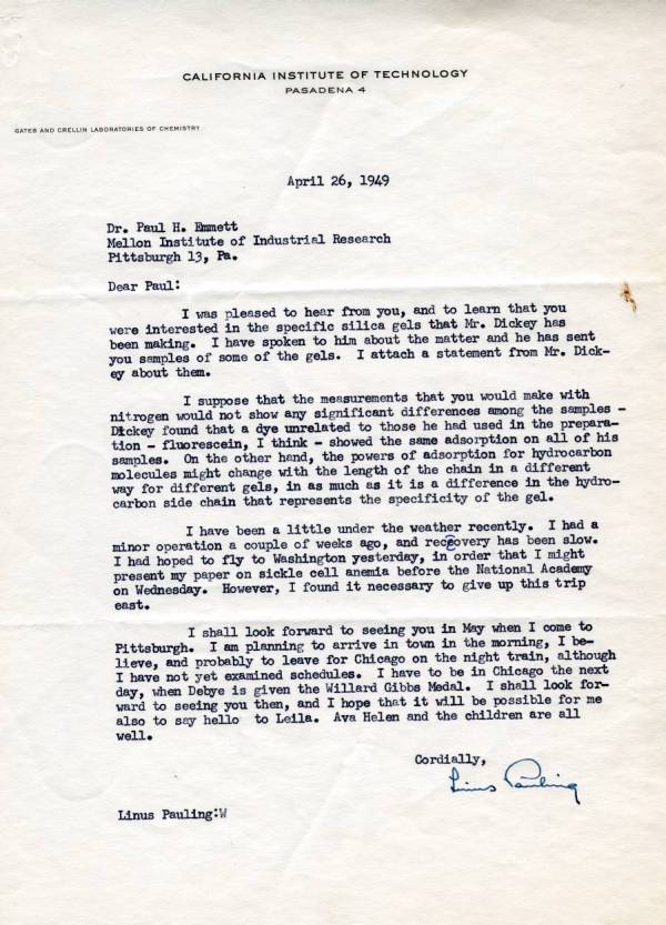 Letter from Linus Pauling to Paul Emmett. Page 1. April 26, 1949