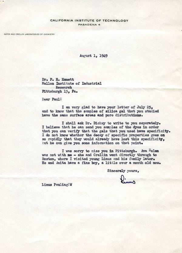 Letter from Linus Pauling to Paul Emmett. Page 1. August 1, 1949