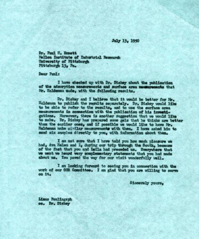 Letter from Linus Pauling to Paul Emmett. Page 1. July 13, 1950