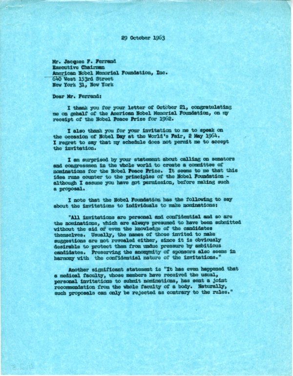 Letter from Linus Pauling to Jacques Ferrand. Page 1. October 29, 1963