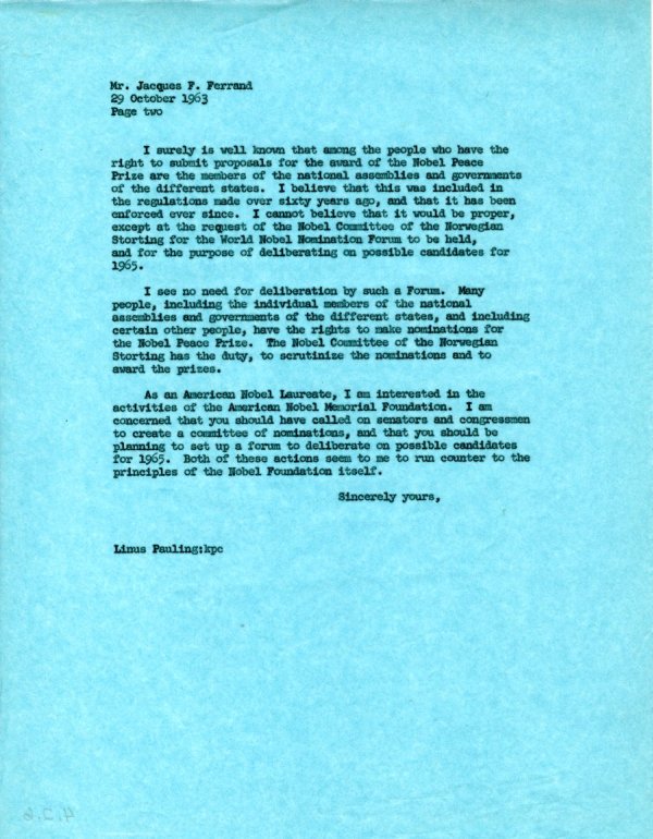 Letter from Linus Pauling to Jacques Ferrand. Page 2. October 29, 1963