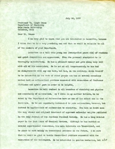 Letter from Linus Pauling to William Lloyd Evans. Page 1. July 20, 1937