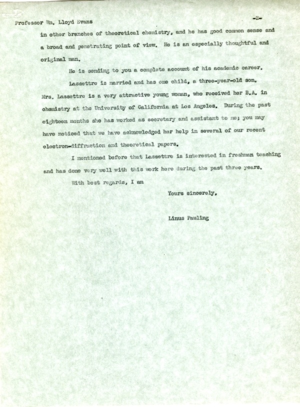 Letter from Linus Pauling to William Lloyd Evans. Page 2. July 20, 1937