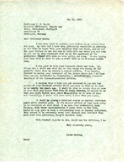 Letter from Linus Pauling to Paul Ewald. Page 1. May 15, 1936