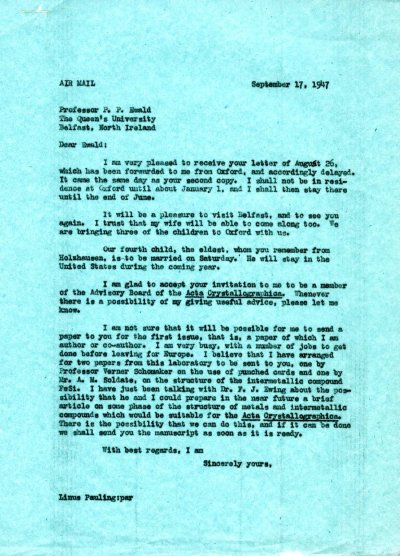 Letter from Linus Pauling to Paul Ewald. Page 1. September 17, 1947