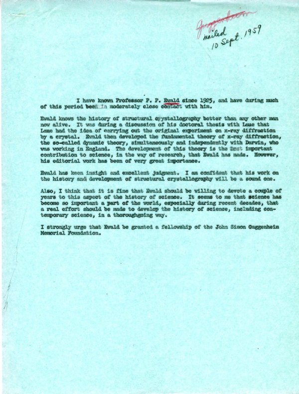 Letter from Linus Pauling to Henry Allen Moe. Page 1. September 10, 1959