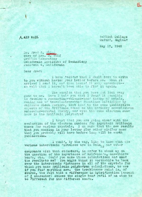 Letter from Linus Pauling to Fred Ewing. Page 1. May 17, 1948