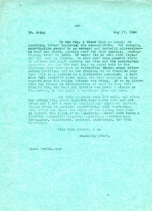 Letter from Linus Pauling to Fred Ewing. Page 2. May 17, 1948