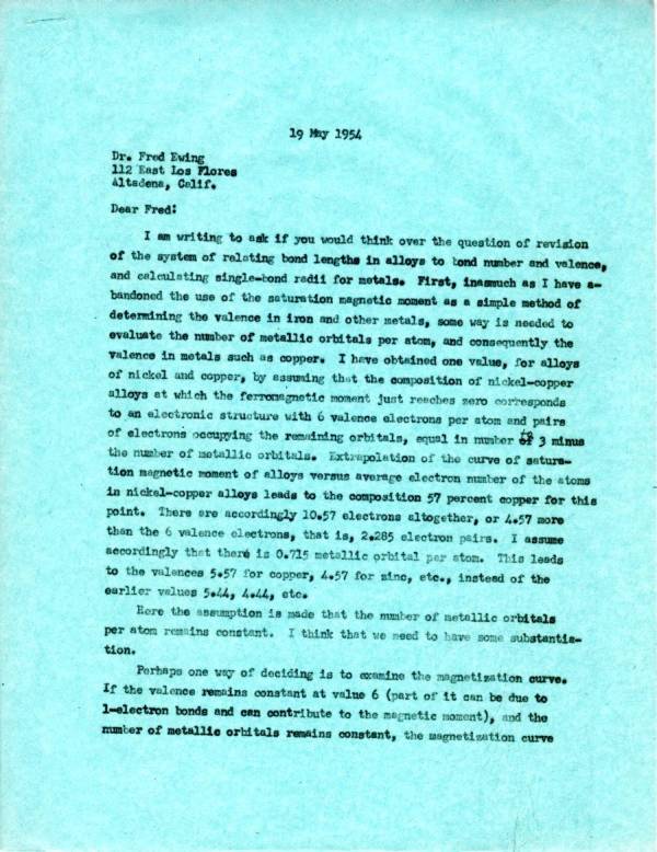 Letter from Linus Pauling to Fred Ewing. Page 1. May 19, 1954