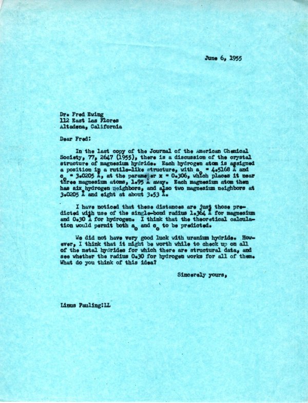 Letter from Linus Pauling to Fred Ewing. Page 1. June 6, 1955