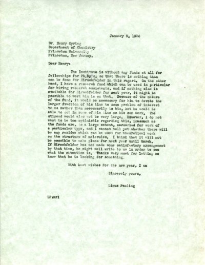 Letter from Linus Pauling to Henry Eyring. Page 1. January 9, 1936