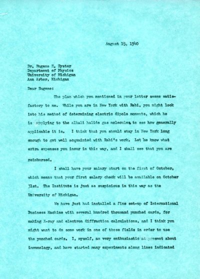 Letter from Linus Pauling to Eugene Eyster. Page 1. August 15, 1940