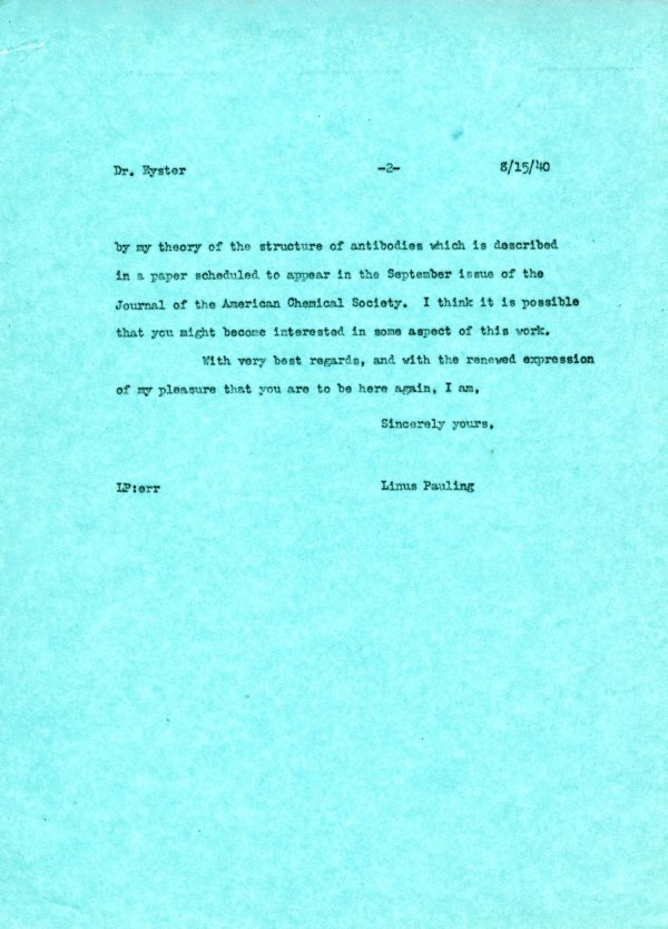 Letter from Linus Pauling to Eugene Eyster. Page 2. August 15, 1940