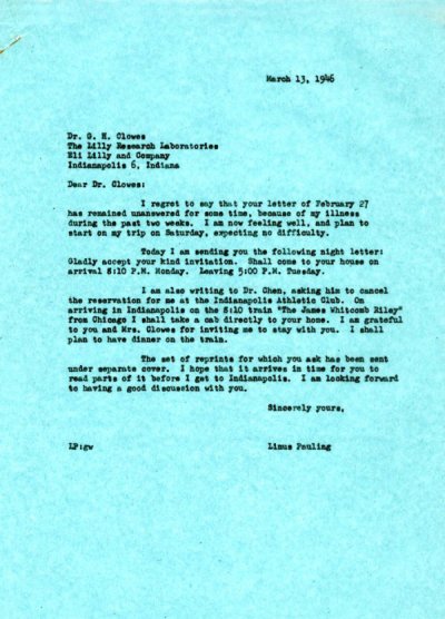 Letter from Linus Pauling to G.H. Clowes. Page 1. March 13, 1946