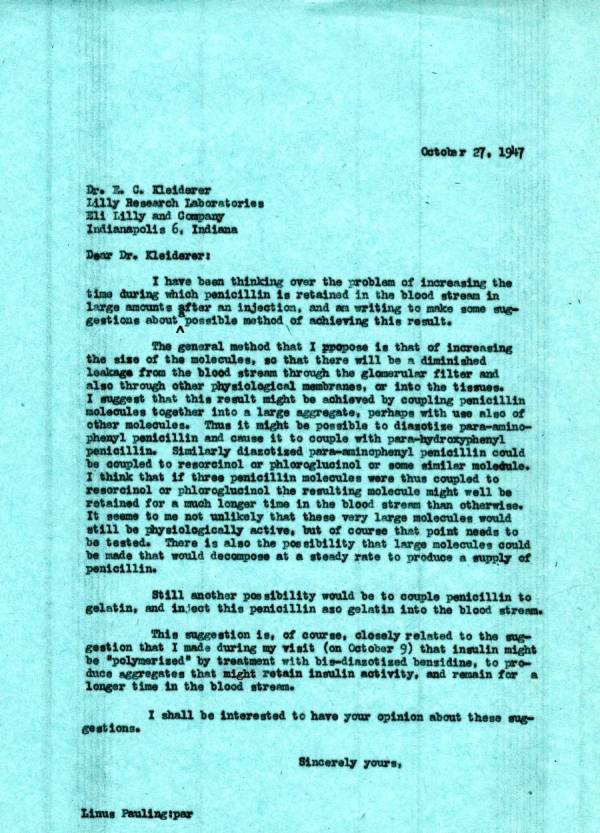 Letter from Linus Pauling to E.C. Kleiderer. Page 1. October 27, 1947