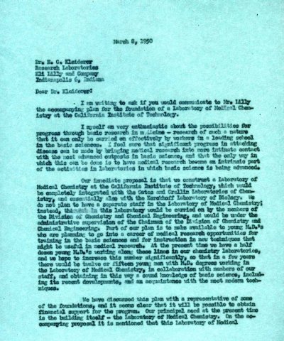 Letter from Linus Pauling to E.C. Kleiderer, Eli Lilly and Co. Page 1. March 8, 1950