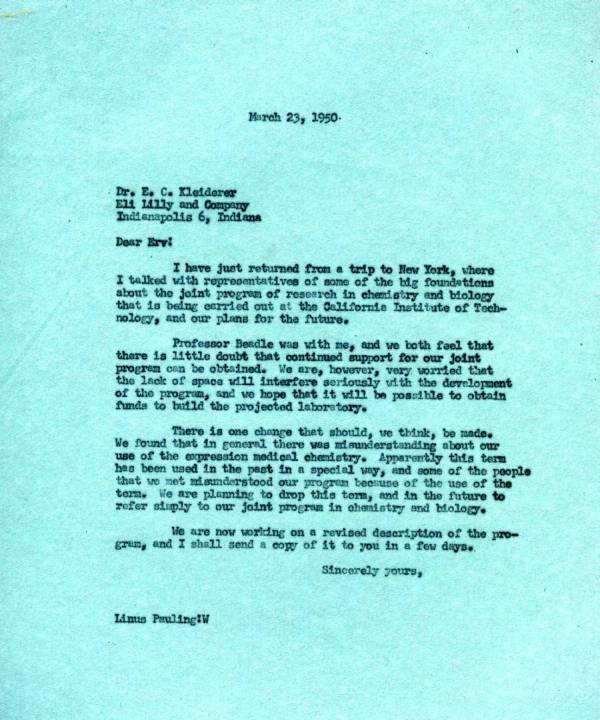 Letter from Linus Pauling to E.C. Kleiderer, Eli Lilly and Co. Page 1. March 23, 1950