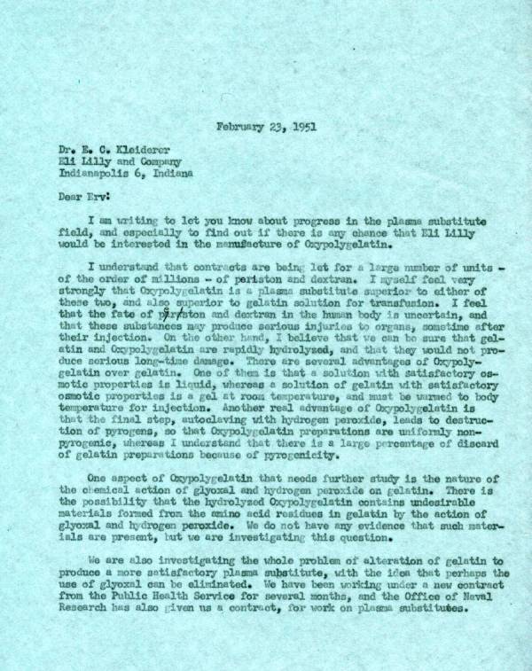 Letter from Linus Pauling to E.C. Kleiderer, Eli Lilly and Co. Page 1. February 23, 1951